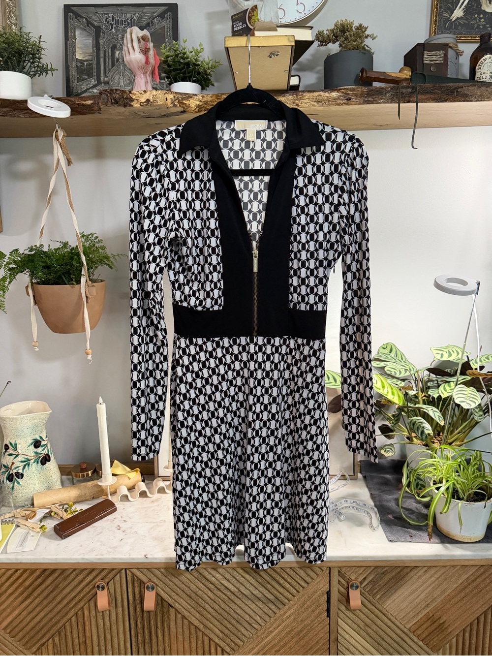 MICHAEL Michael Kors Black & White Geometric Zip-Front Long-Sleeve Dress